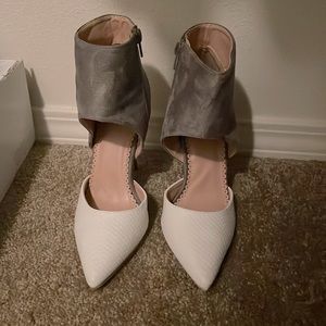 White and gray ankle wrapped heels